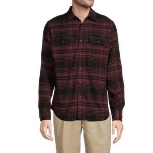 George | Men’s Soft Flannel Long Sleeve Burgundy Black Plaid Button Down Shirt